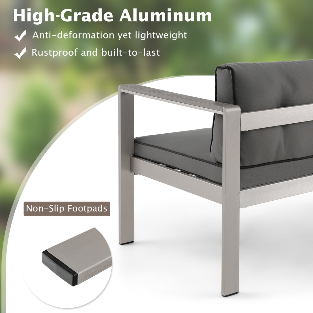 Contemporary 2-person sofa chair with WPC armrests, aluminum frame, and non-slip footpads for balcony or porch use.