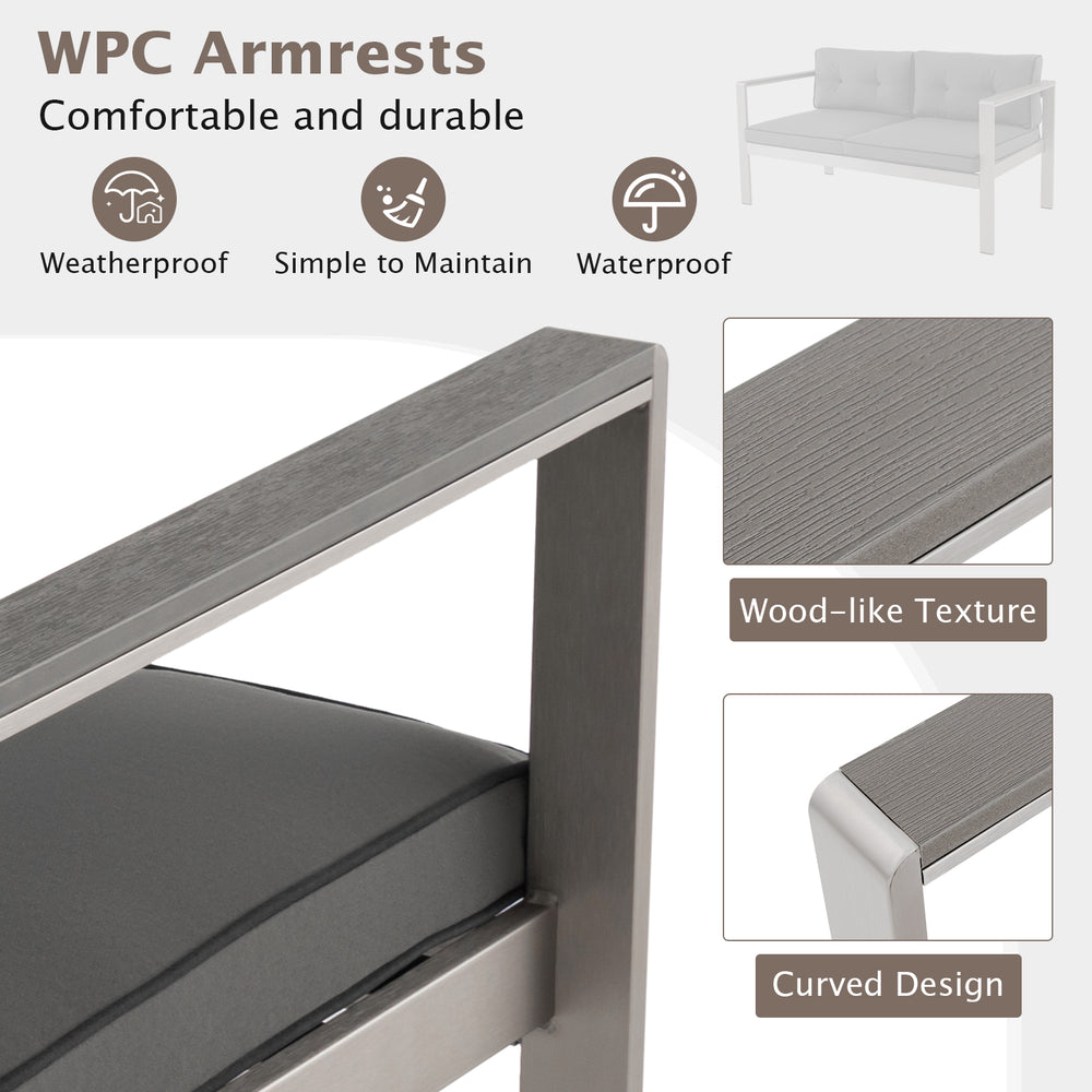 Contemporary 2-person sofa chair with WPC armrests, featuring soft cushions and a sturdy aluminum frame for outdoor.