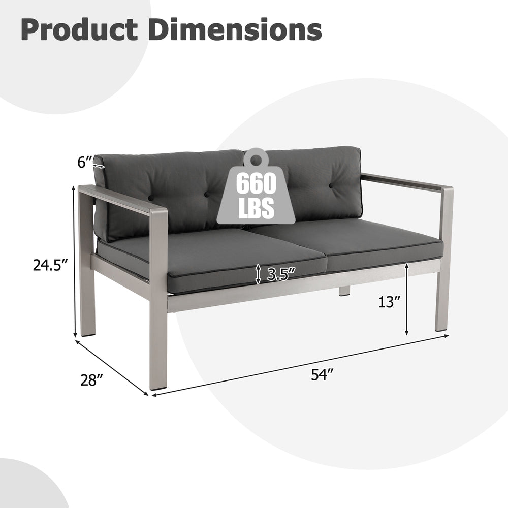 Contemporary 2-person sofa chair with WPC armrests, featuring dimensions and sturdy aluminum frame for balcony use.