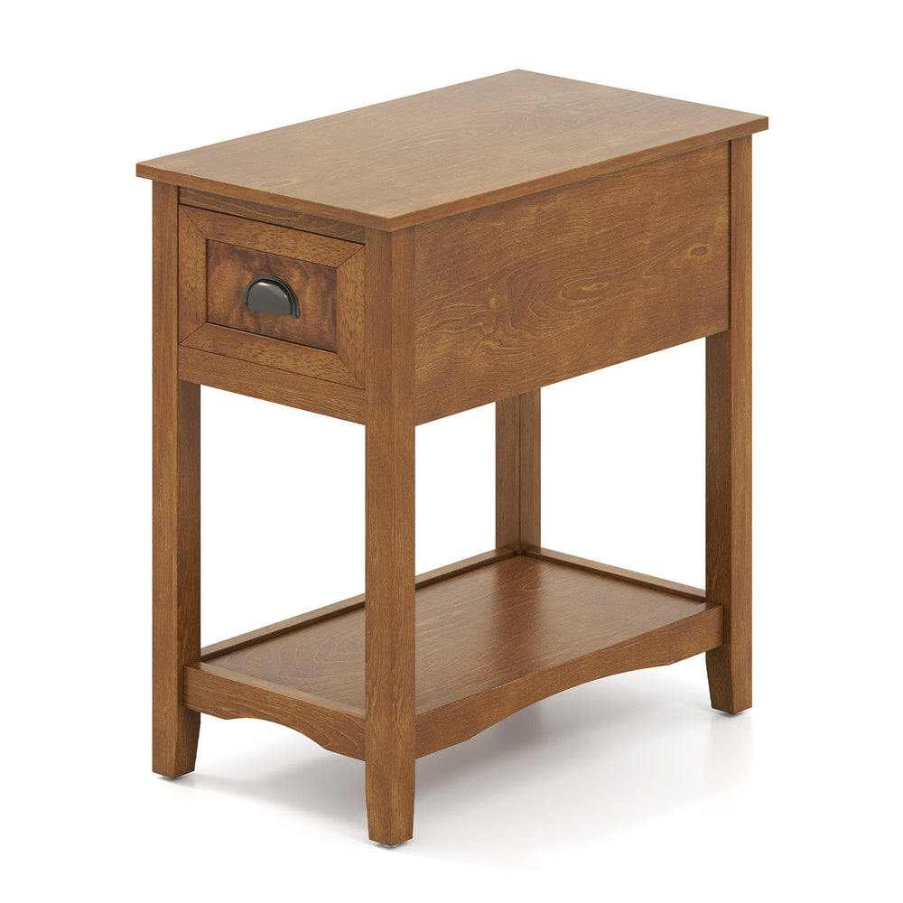 Compact chairside end table in yellow with a drawer and shelf, ideal for storage and home decor in any room.