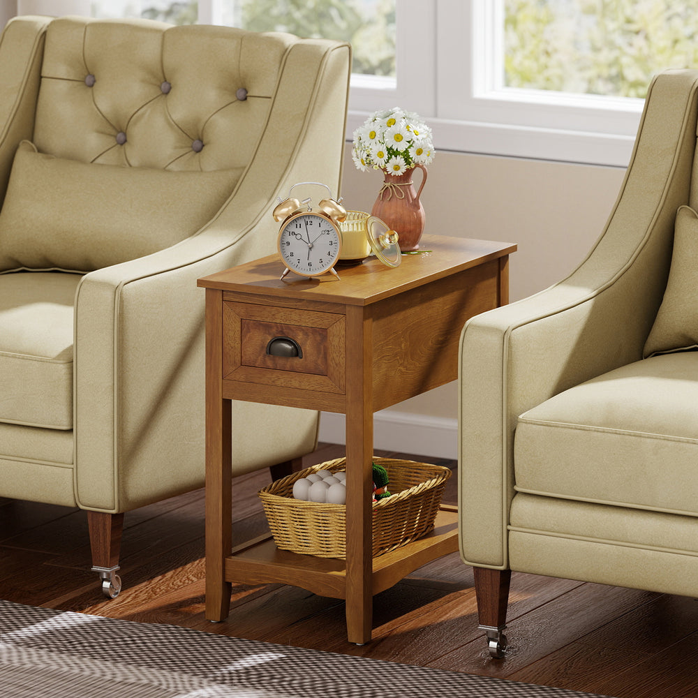 Chairside end table in yellow with a spacious top, ideal for displaying crafts and plants in living room or bedroom.