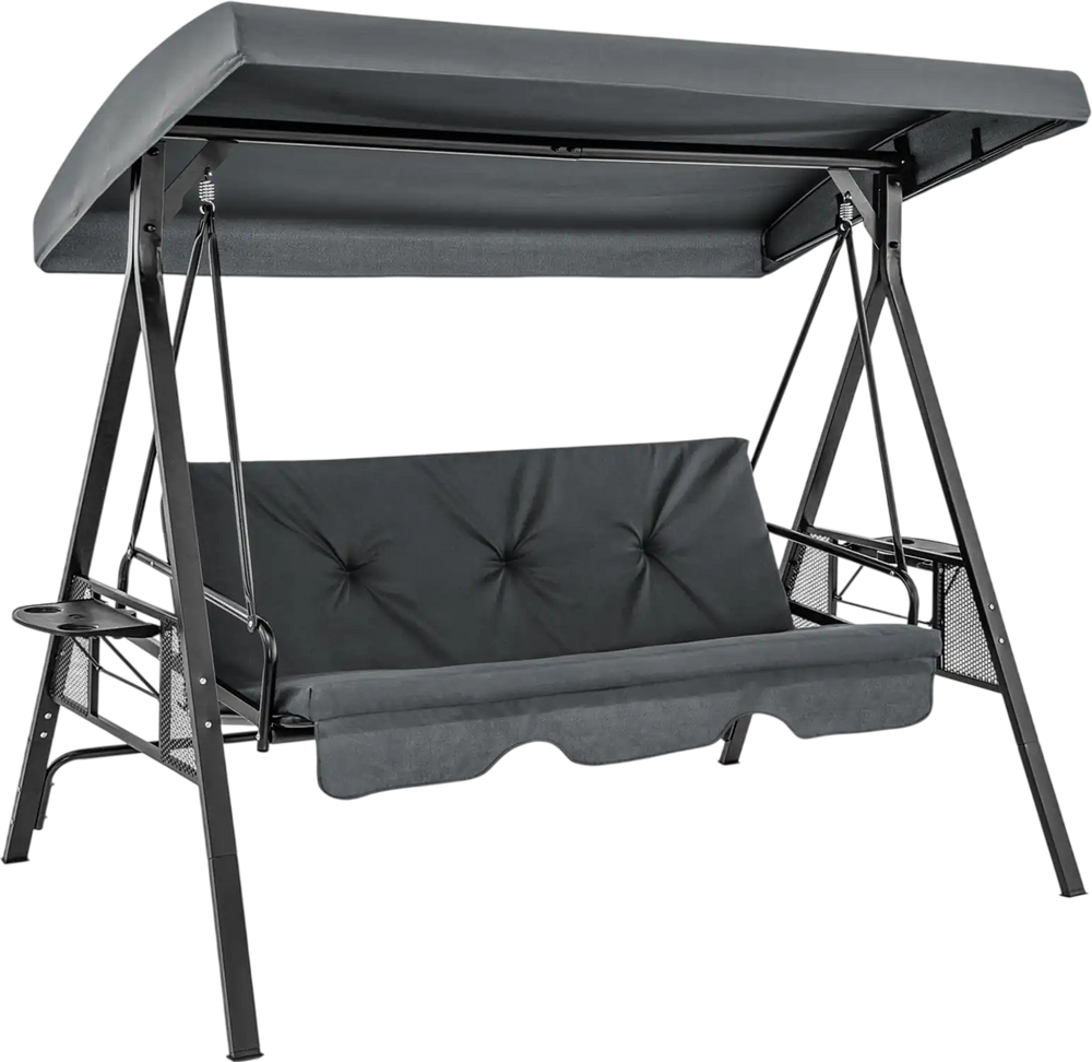 Convertible 3-seat patio porch swing chair in gray with adjustable canopy, ideal for backyard or poolside relaxation.