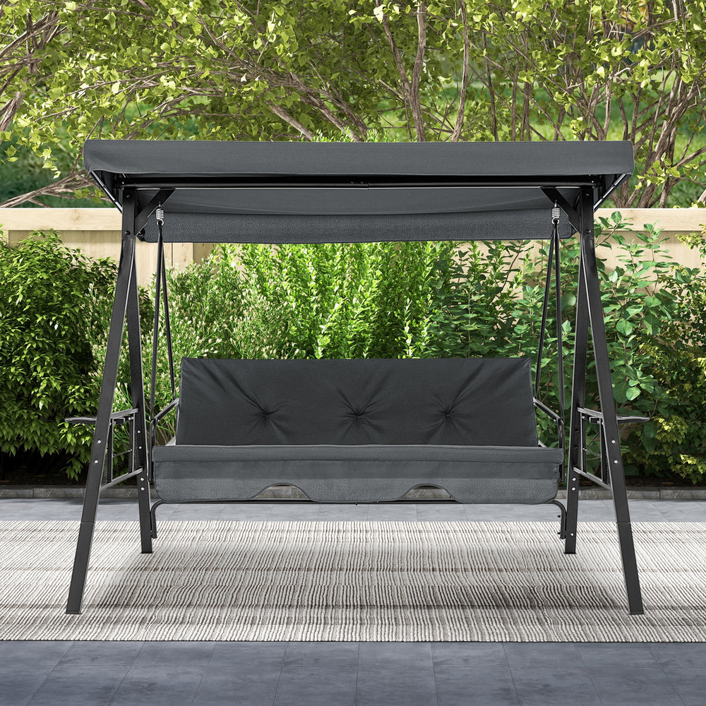 Convertible 3-seat patio swing chair in gray with adjustable canopy, perfect for backyard relaxation and sun protection.