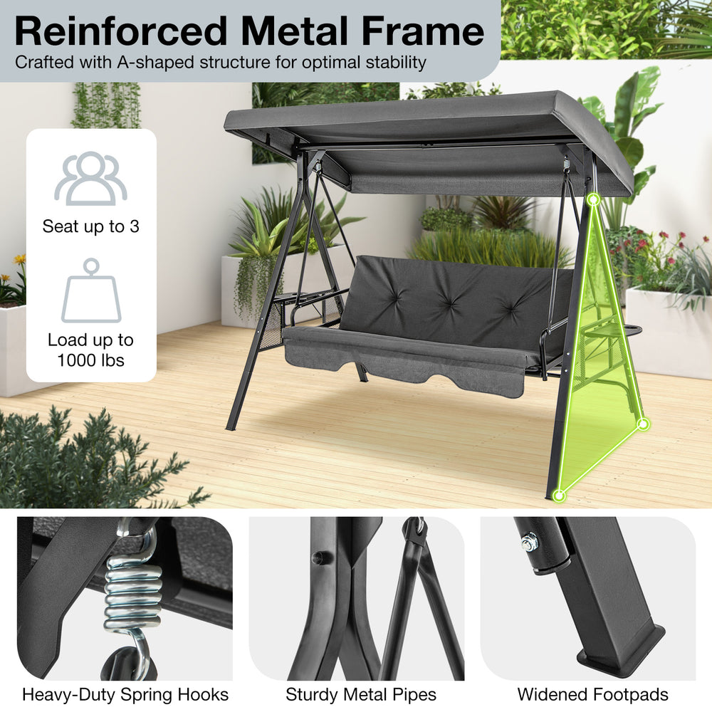 Convertible 3-seat patio porch swing chair in gray with adjustable canopy, supports up to 1000 lbs for outdoor.