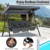 Convertible 3-seat patio porch swing chair in gray with adjustable canopy and soft cushions for backyard relaxation.