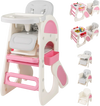 Convertible baby high chair in pink with adjustable backrest and double-layer tray for safe dining and play.