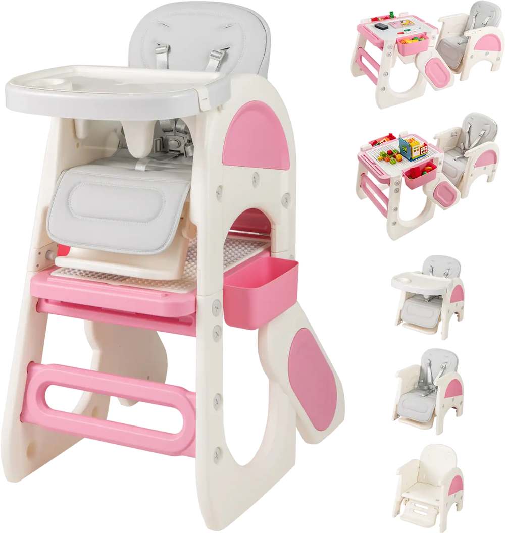 Convertible baby high chair in pink with adjustable backrest and double-layer tray for safe dining and play.