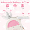 Adjustable backrest and double-layer tray of the pink convertible baby high chair for eating, sitting, and playing.
