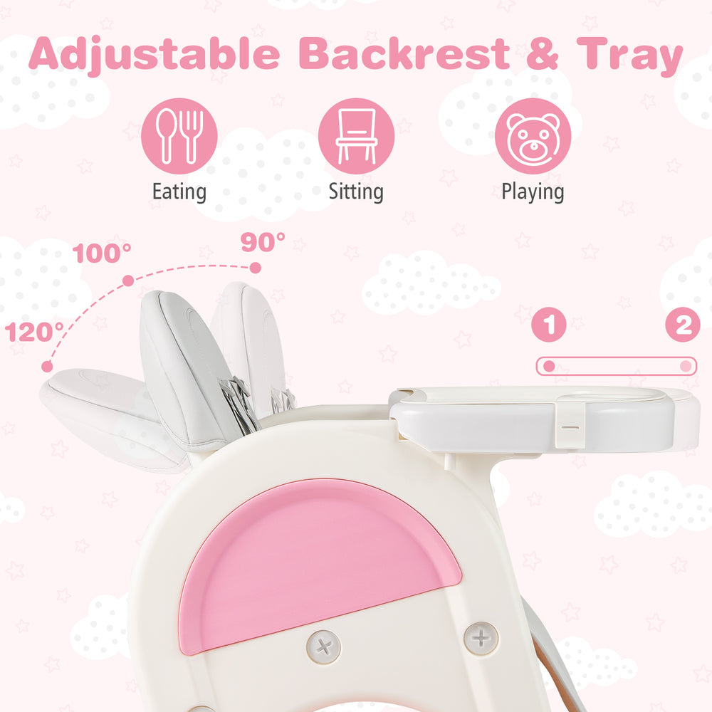 Adjustable backrest and double-layer tray of the pink convertible baby high chair for eating, sitting, and playing.