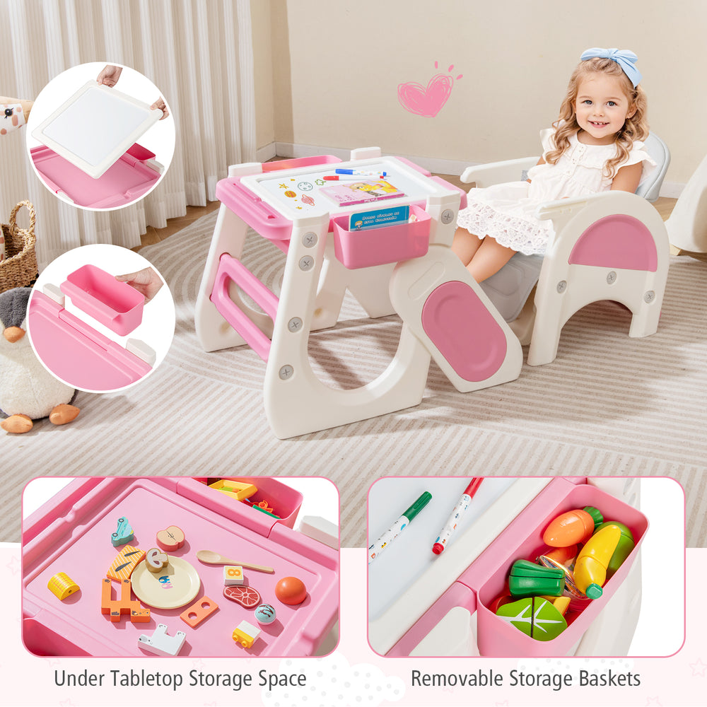 Convertible pink baby high chair with adjustable backrest, double-layer tray, and under-table storage for versatile use.