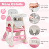 Convertible baby high chair in pink with adjustable backrest, double-layer tray, and easy-to-clean seat cushion.