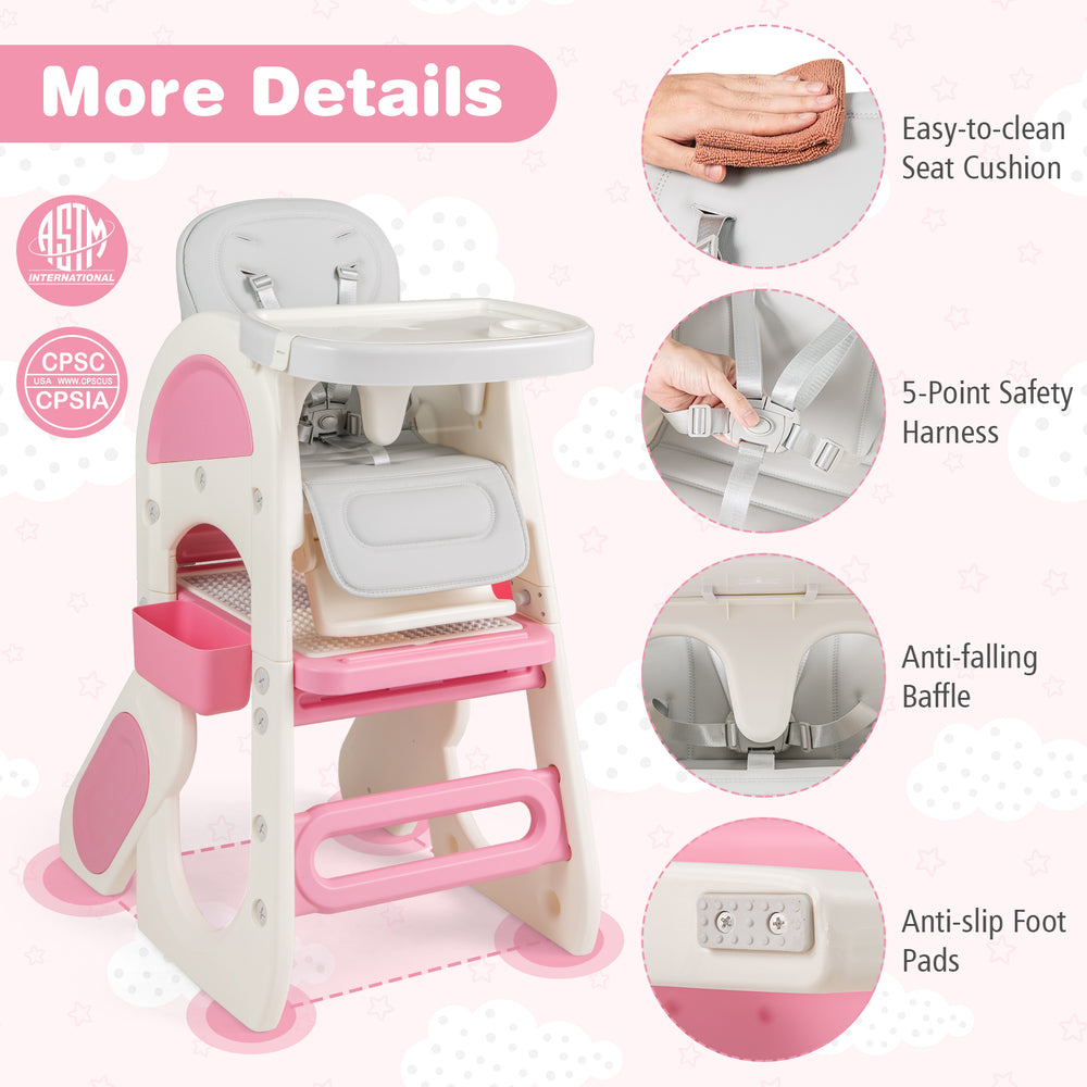 Convertible baby high chair in pink with adjustable backrest, double-layer tray, and easy-to-clean seat cushion.
