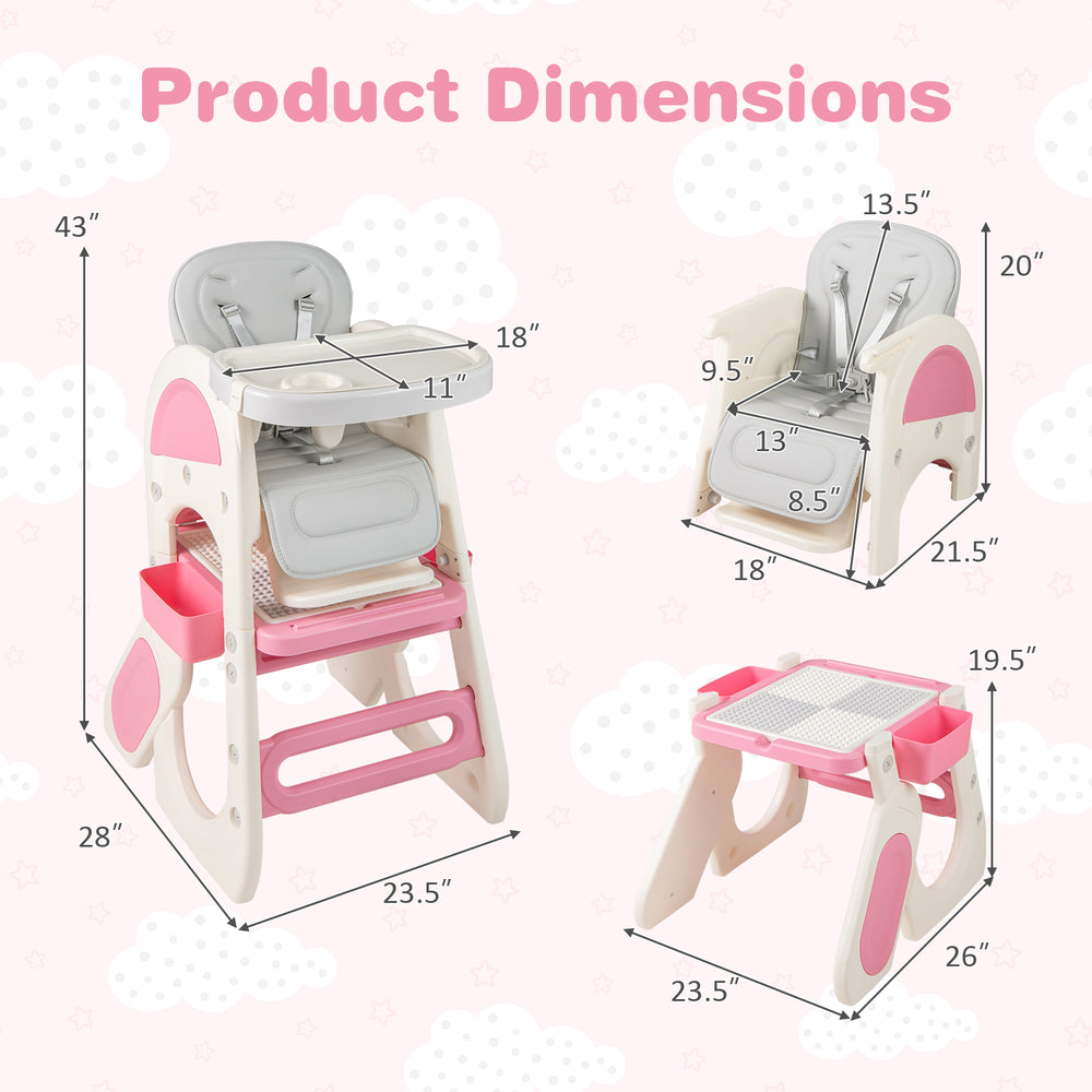 Convertible baby high chair in pink with adjustable backrest and double-layer tray, ideal for dining and playtime.
