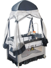 Convertible bassinet with removable changing table and detachable mesh net, ideal for infants up to 3 years old.