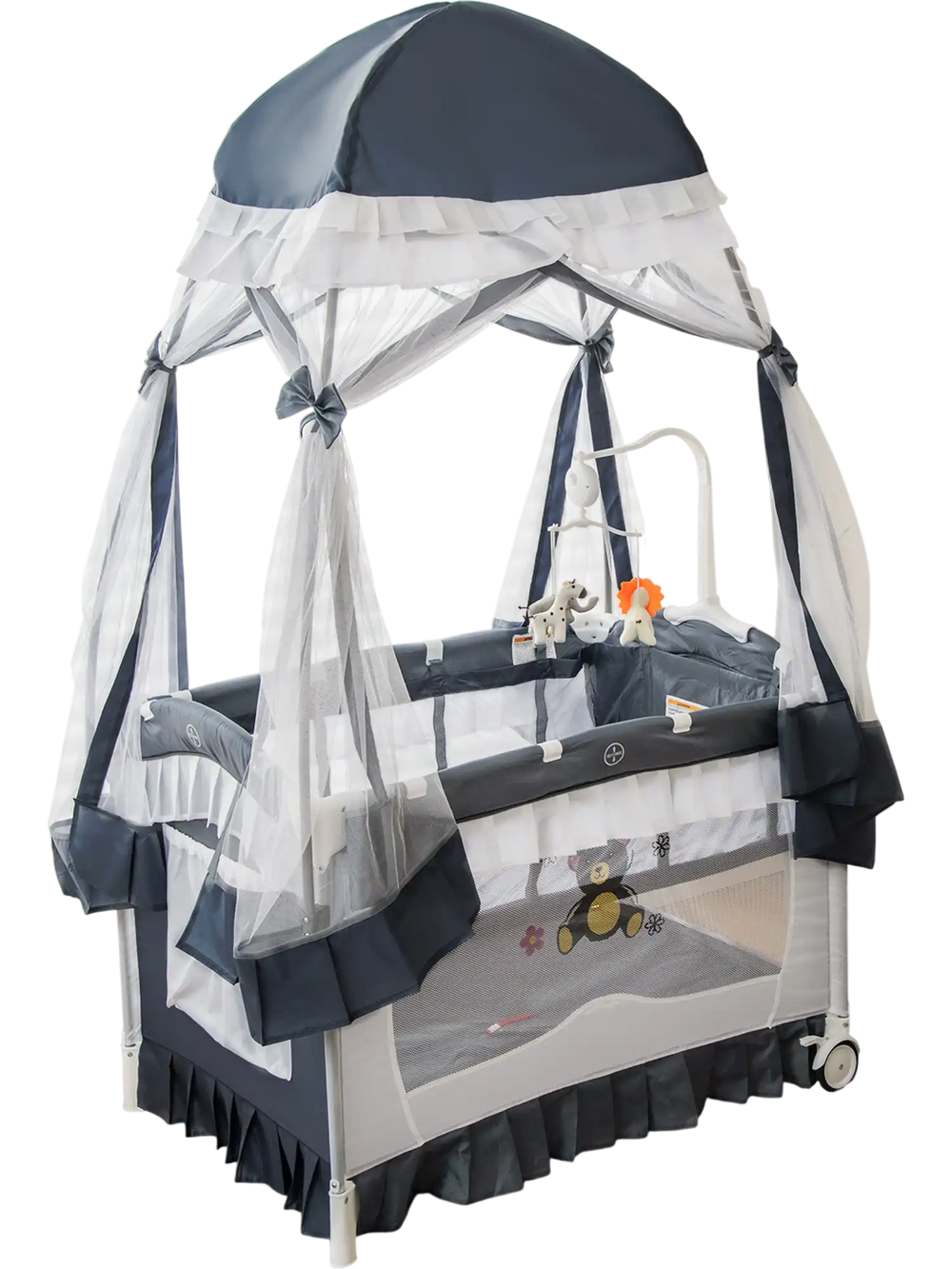 Convertible bassinet with removable changing table and detachable mesh net, ideal for infants up to 3 years old.