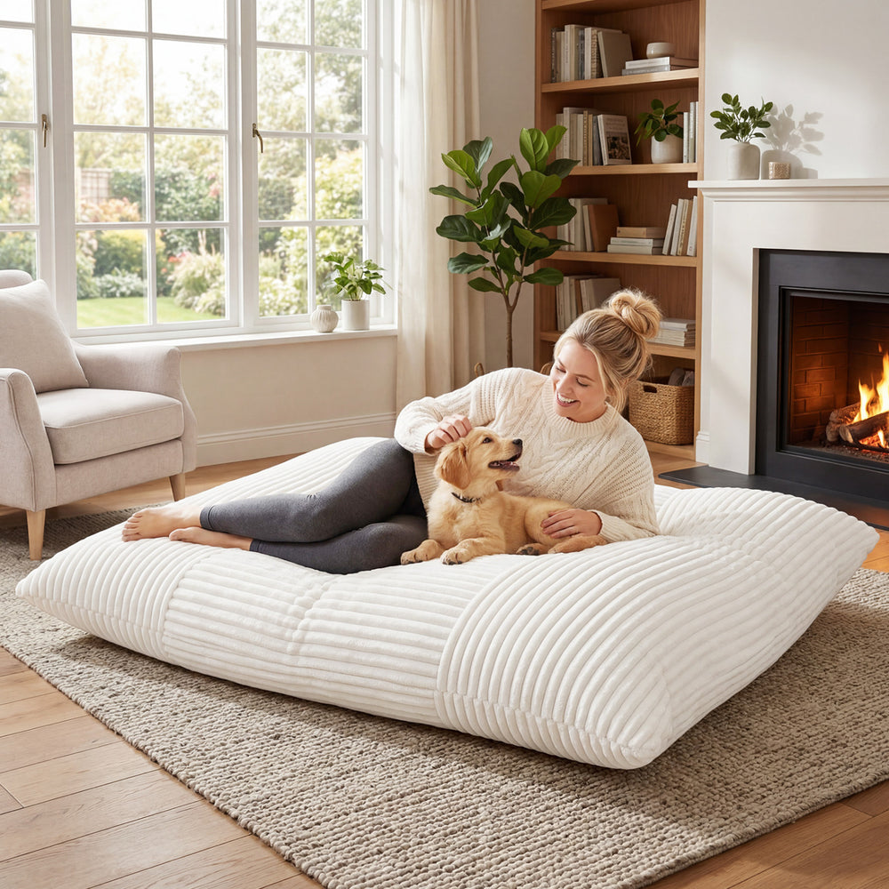 Convertible bean bag floor sofa in beige with a corduroy cover, perfect for reading, gaming, or napping at home.