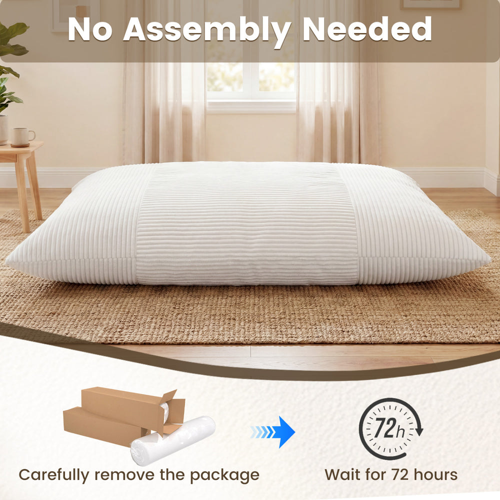 Convertible bean bag floor sofa in beige with a machine-washable corduroy cover, perfect for reading or gaming.