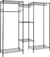 L-shaped convertible clothes organizer in black with 7 shelves and 4 removable hanging rods for versatile storage.