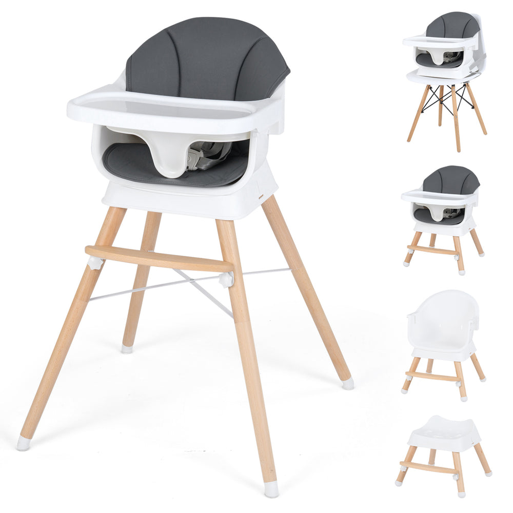 Convertible high chair in gray with solid wood legs, adjustable tray, and 5-point harness for safe feeding.