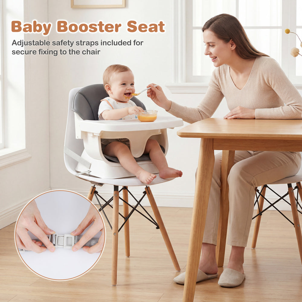 Convertible high chair with solid wood legs, adjustable tray, and safety straps for secure feeding and comfort.