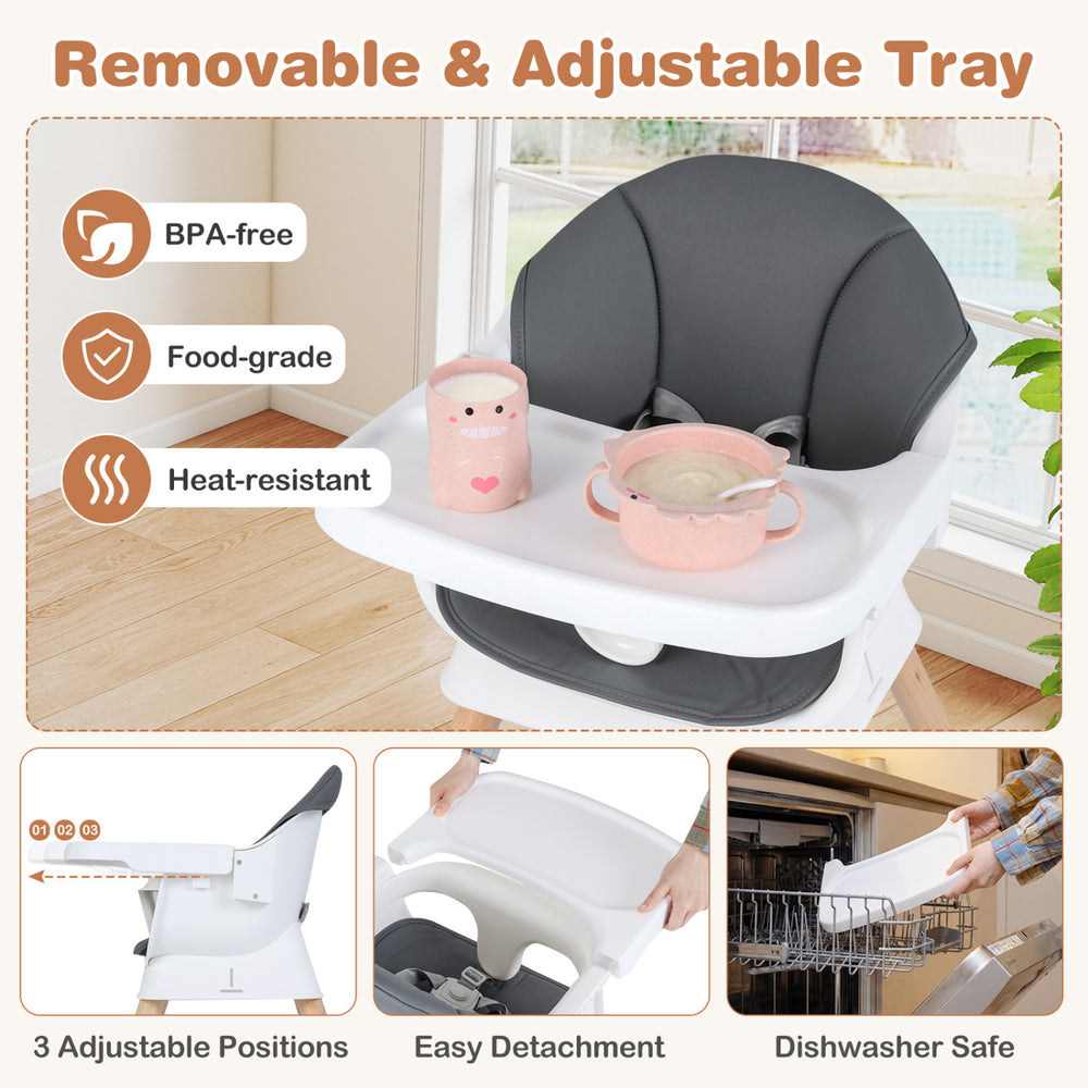 Convertible high chair with adjustable BPA-free tray, solid wood legs, and wipe-clean cushion for comfortable feeding.