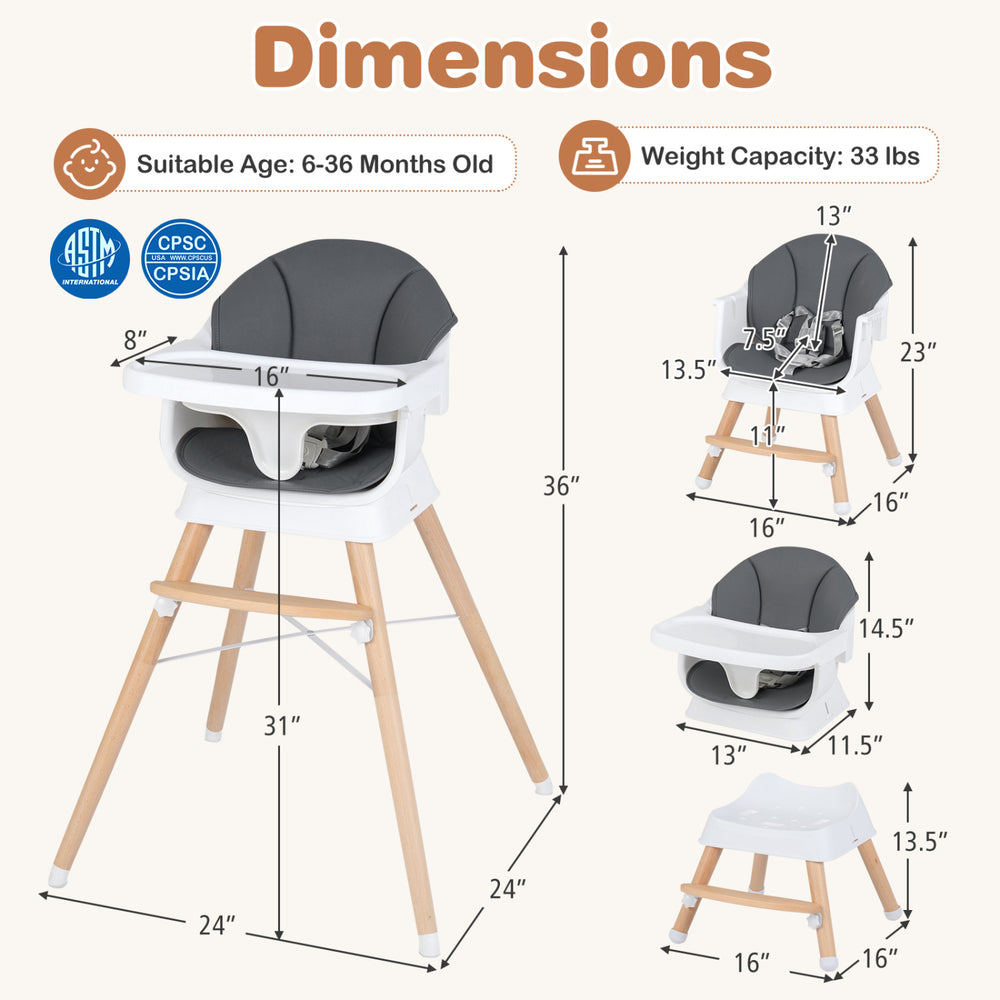 Convertible high chair with solid wood legs, adjustable tray, and PU cushion for babies and toddlers, ideal for feeding.