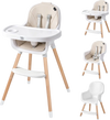 Convertible high chair in beige with beech wood legs, 5-point harness, and removable tray for versatile use.