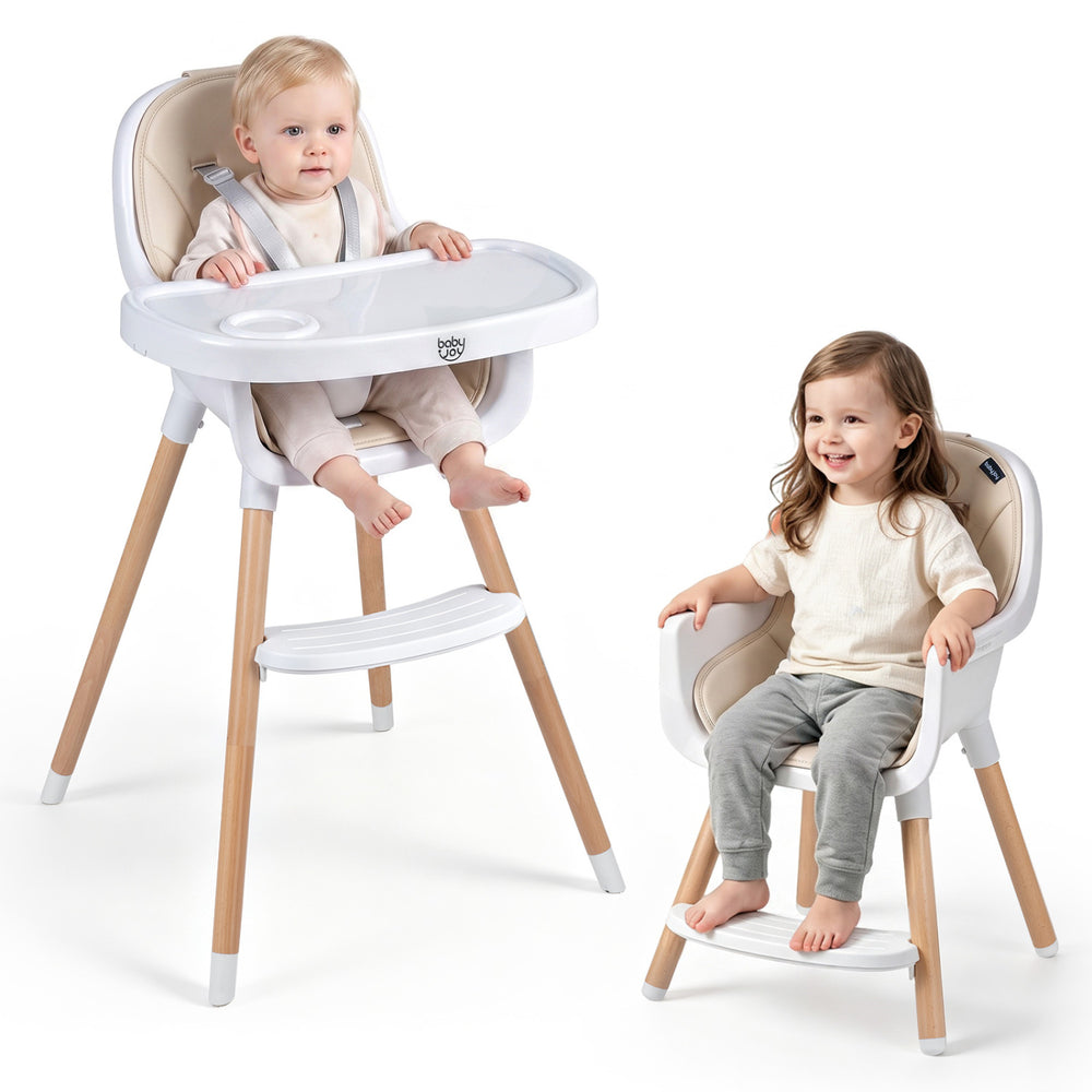 Convertible high chair in beige with beech wood legs, featuring a 5-point harness and removable double tray for toddlers.