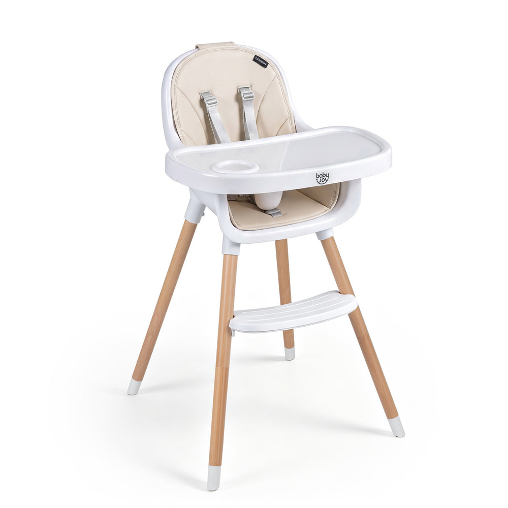 Convertible high chair in beige with beech wood legs, 5-point harness, and removable double tray for easy feeding.
