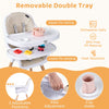 Convertible high chair in beige with removable double tray, adjustable positions, and 5-point harness for safety.