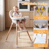 Convertible high chair in beige features a 5-point harness, removable tray, and beech wood legs for stability and safety.