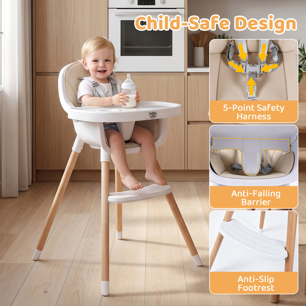 Convertible high chair in beige features a 5-point harness, removable tray, and beech wood legs for stability and safety.