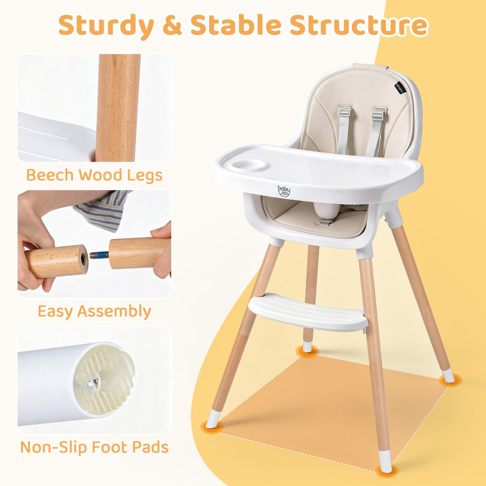 Convertible high chair in beige with beech wood legs, 5-point harness, and removable tray for easy feeding and play.