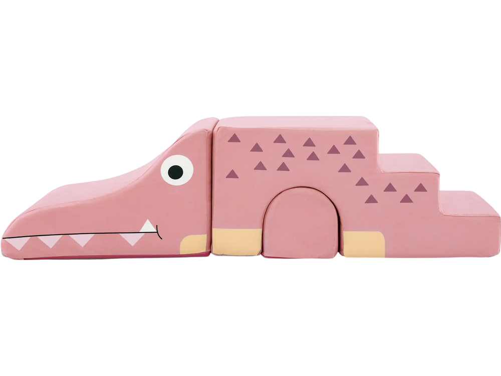 Convertible pink kids play couch sofa with removable velvet covers, designed for climbing and stacking in playrooms.