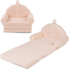 Convertible kids sofa in beige, featuring soft teddy fleece, fold-out lounge bed, and removable washable cover for.