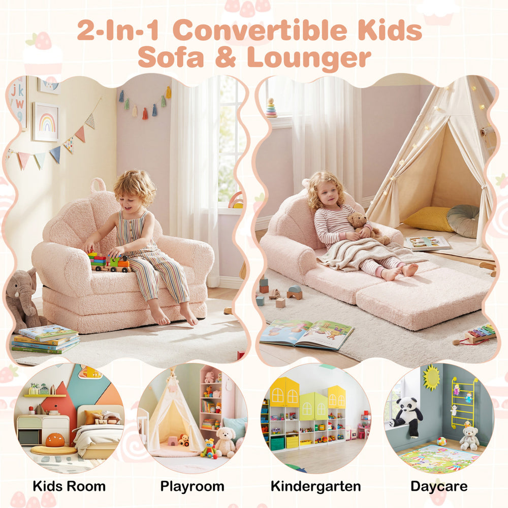 Convertible kids sofa in beige, featuring a cozy design with armrests, ideal for lounging and playtime activities.