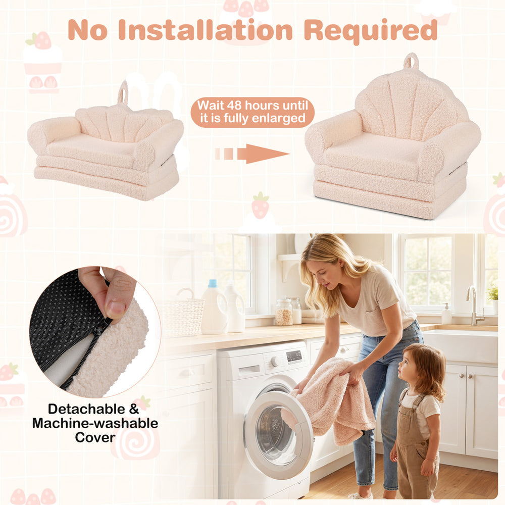 Convertible kids sofa in beige, made of soft teddy fleece, easily transforms into a lounge bed for reading or watching.