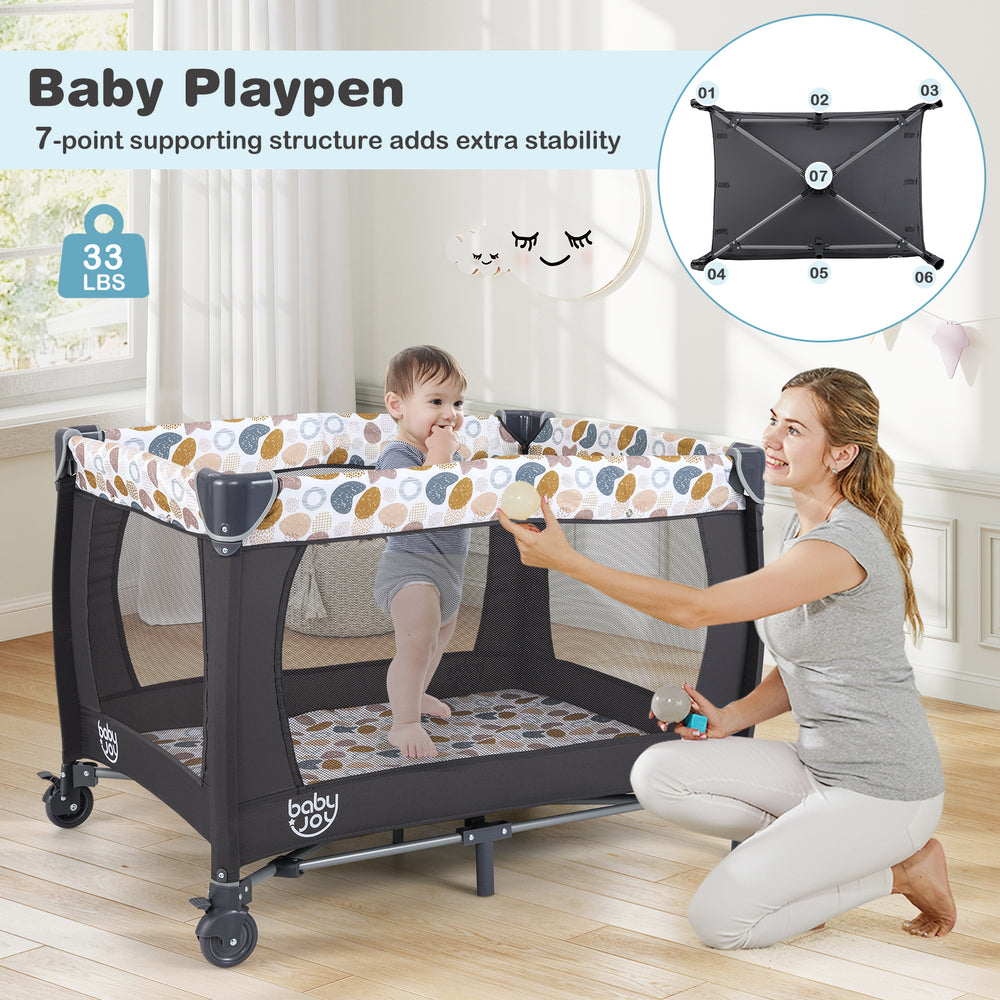 Portable baby playpen in blue with 4-in-1 design, music box, and toys, ideal for safe play and naps.