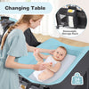 Changing table with blue padding and removable storage rack, part of a 4-in-1 portable baby playard for newborns.