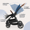 Convertible travel baby stroller in blue with adjustable canopy, 4-height handlebar, and 2-position reclining backrest.