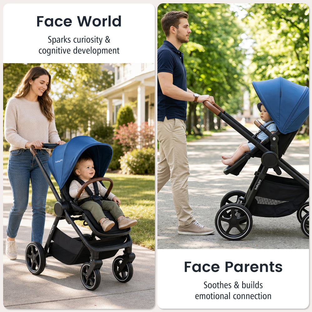 Convertible travel baby stroller in blue with adjustable canopy and 5-point harness for safe and comfortable strolling.