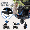 Convertible travel baby stroller in blue, featuring quick folding, adjustable canopy, and 4 rubber wheels for smooth strolling.