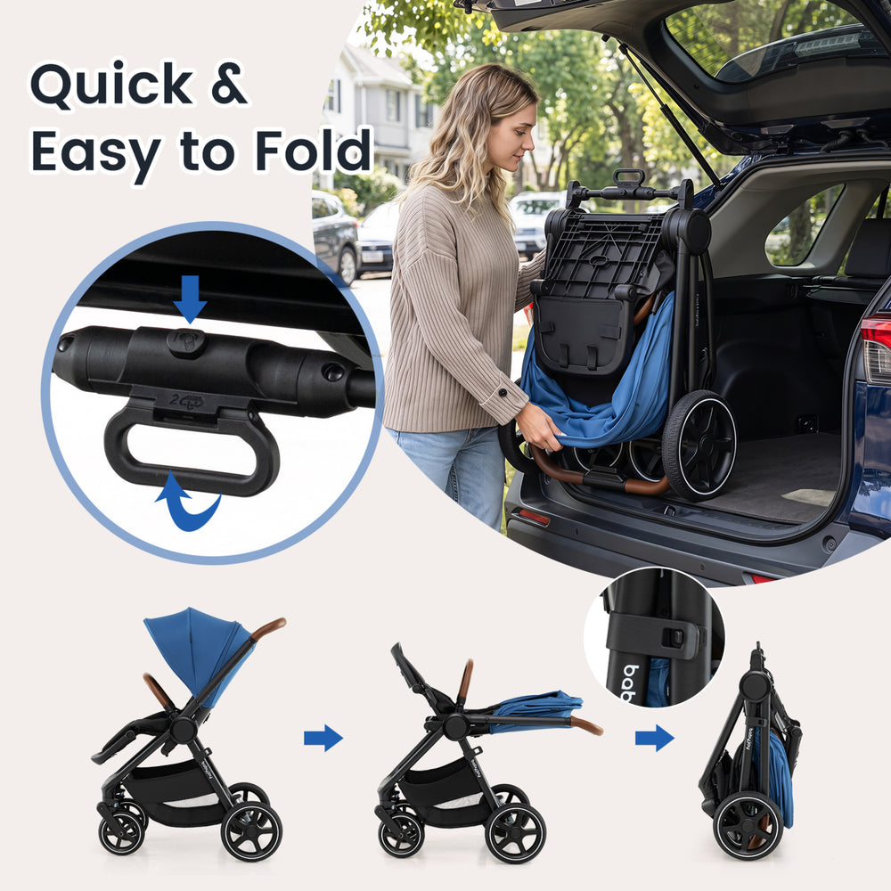 Convertible travel baby stroller in blue, featuring quick folding, adjustable canopy, and 4 rubber wheels for smooth strolling.