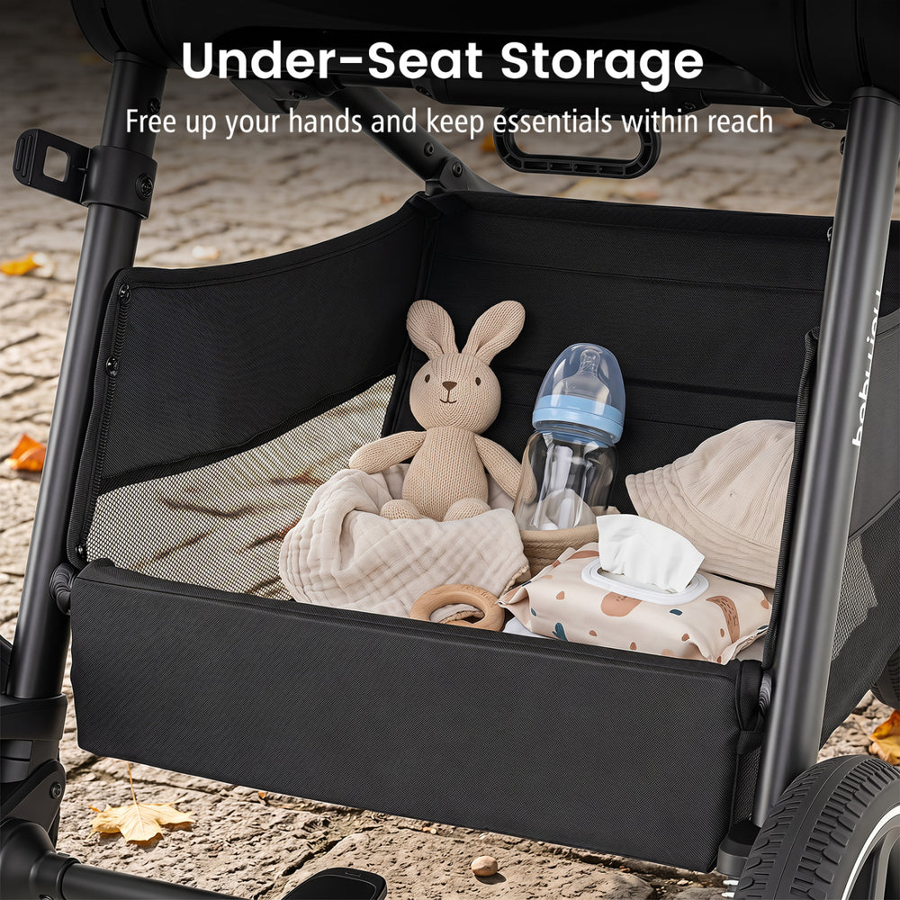 Under-seat storage of the blue convertible travel baby stroller keeps essentials organized and within easy reach.