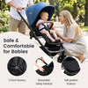 Convertible travel baby stroller in blue features a 5-point harness, adjustable canopy, and soft-padded footrest for comfort.
