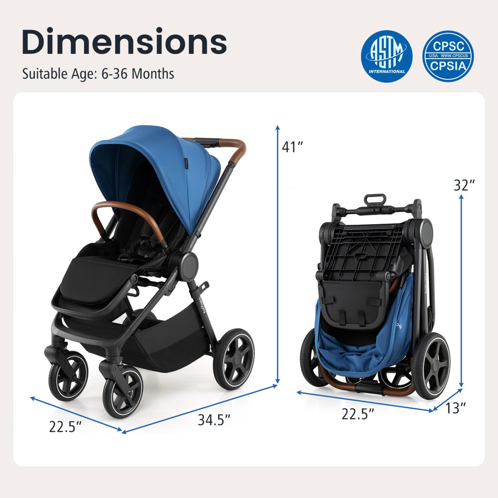 Convertible travel baby stroller in blue with adjustable canopy, 4 rubber wheels, and compact fold for easy transport.
