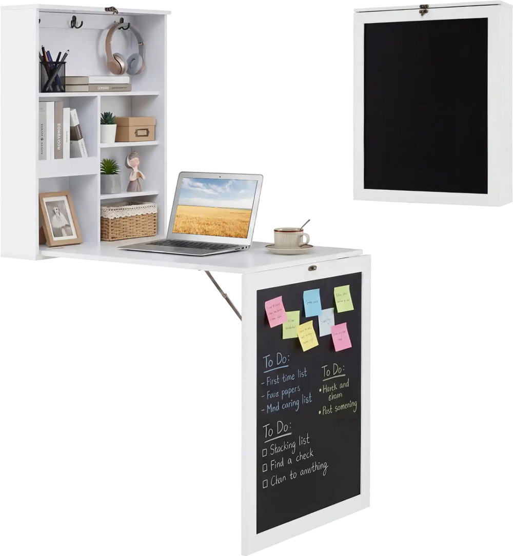 Convertible wall-mounted table in white with chalkboard, offering a space-saving work and storage solution.