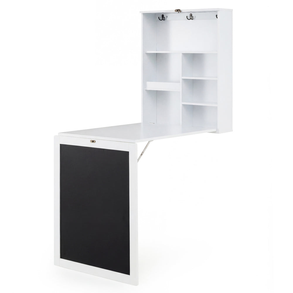 Convertible wall-mounted table in white with a chalkboard, featuring storage compartments and a fold-out design for.