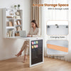 Convertible wall-mounted table in white with chalkboard, featuring 6 storage cubes and 3 hooks for organized workspace.