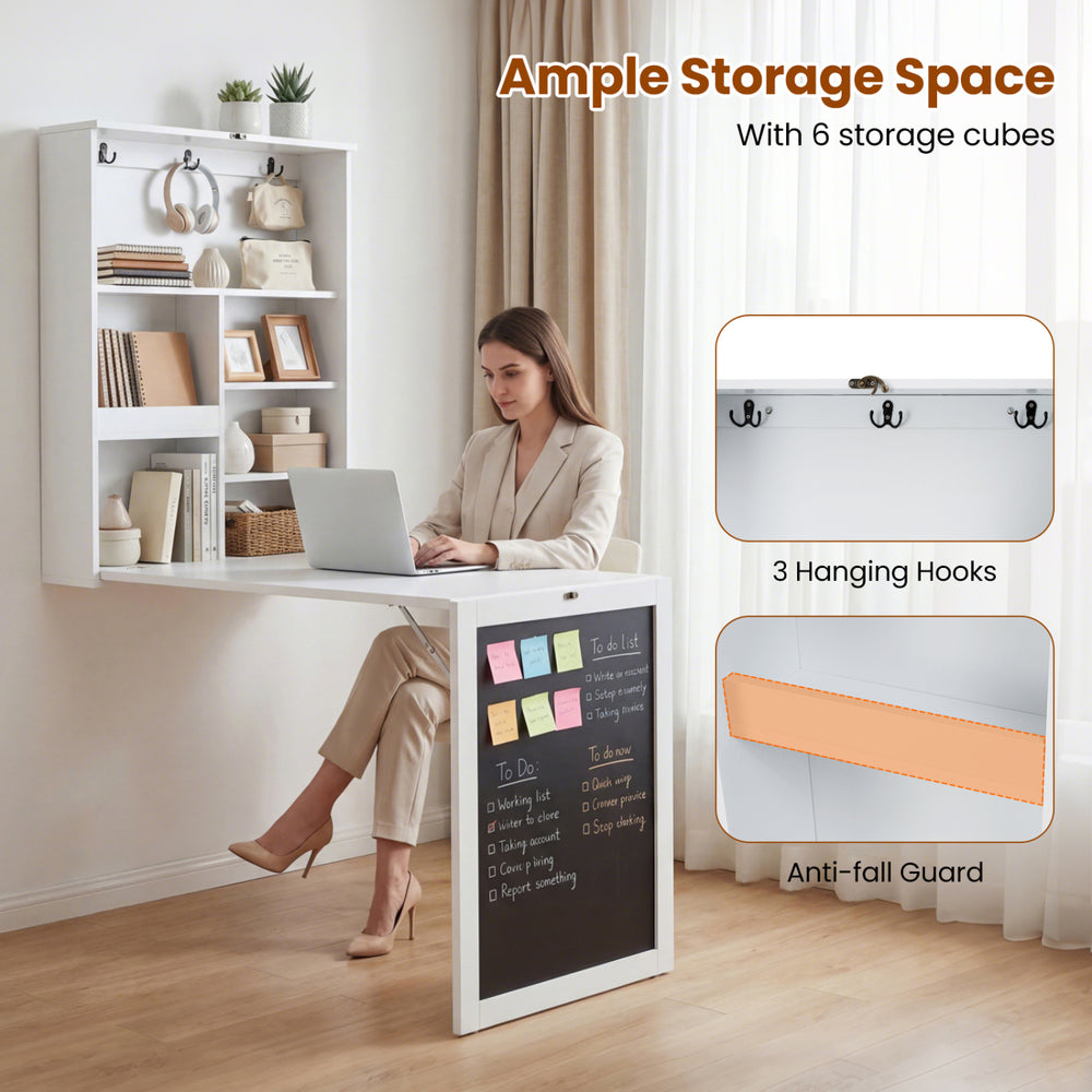 Convertible wall-mounted table in white with chalkboard, featuring 6 storage cubes and 3 hooks for organized workspace.